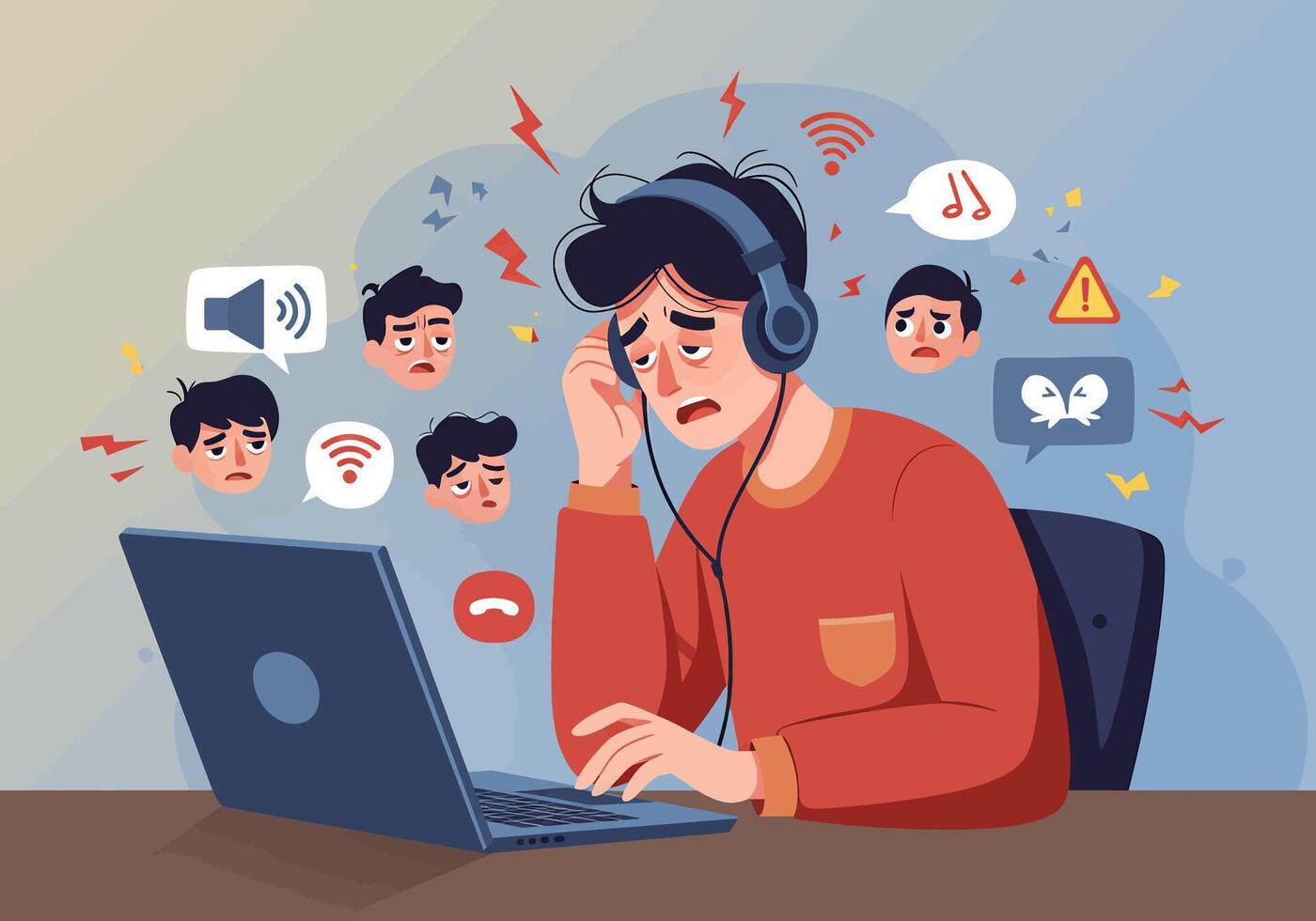 A man with headphones and a laptop is sitting at a desk with a lot of icons around him vector