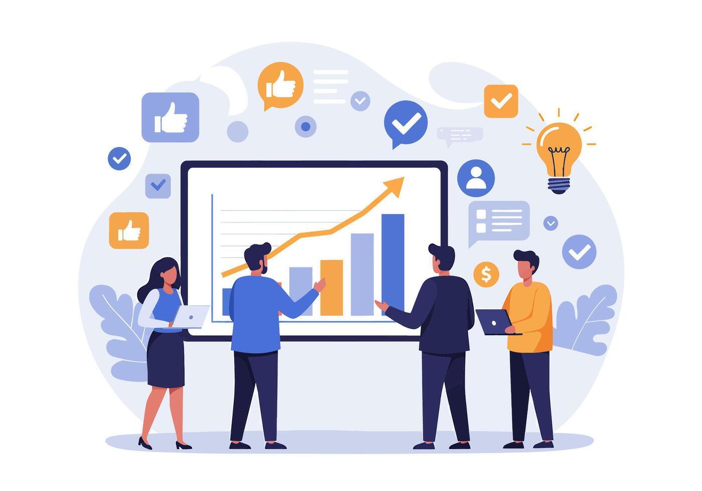 People are standing around a large screen with a chart on it vector