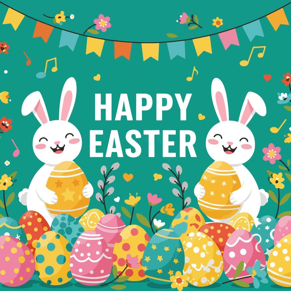 Happy easter card with cute bunnies and eggs vector
