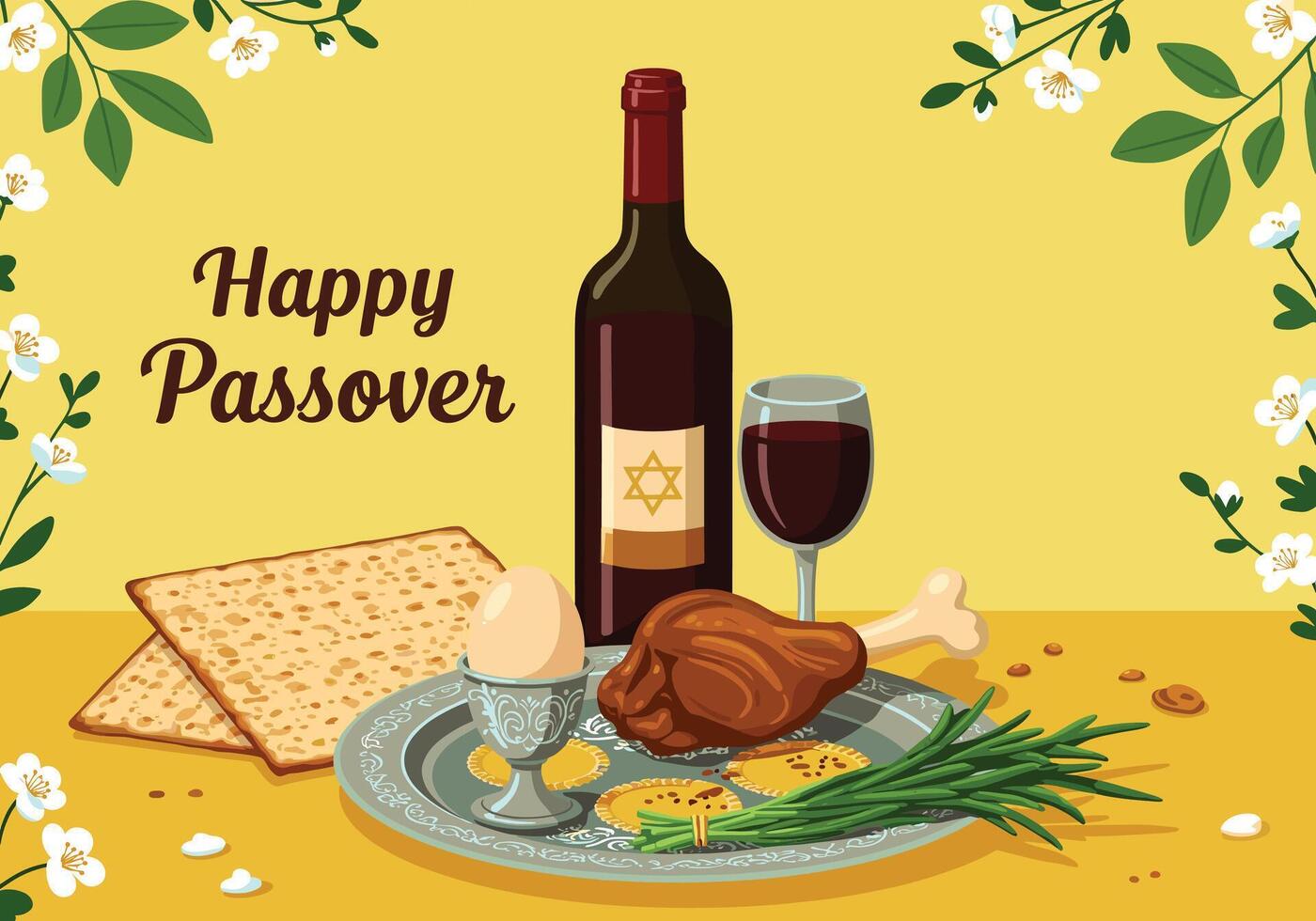 Passover wine, bread, and chicken illustration vector