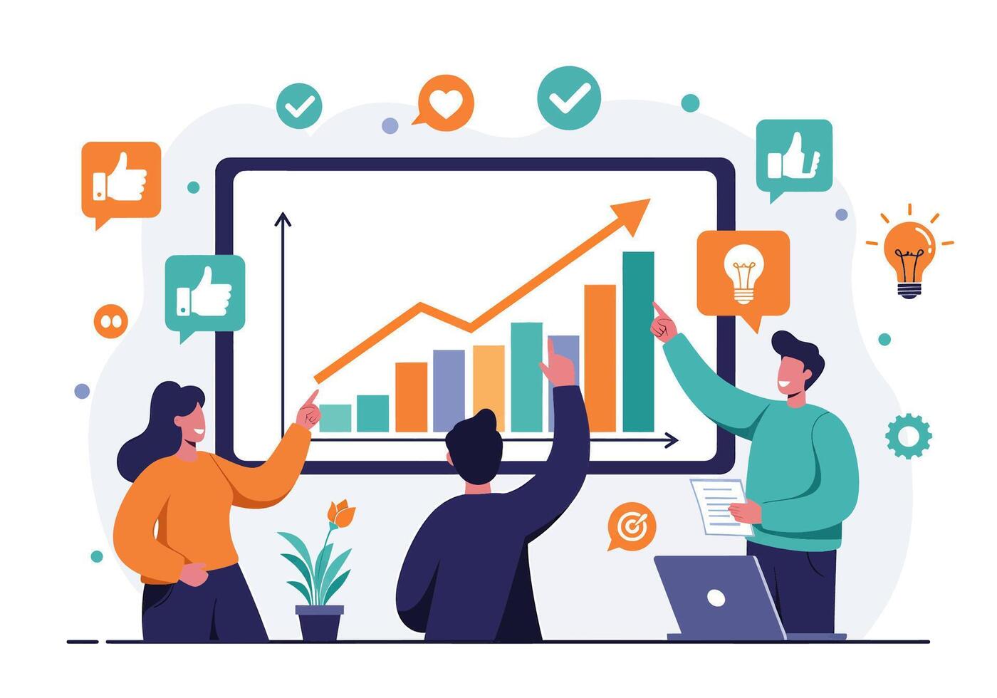 People are working on a board with graphs and icons vector