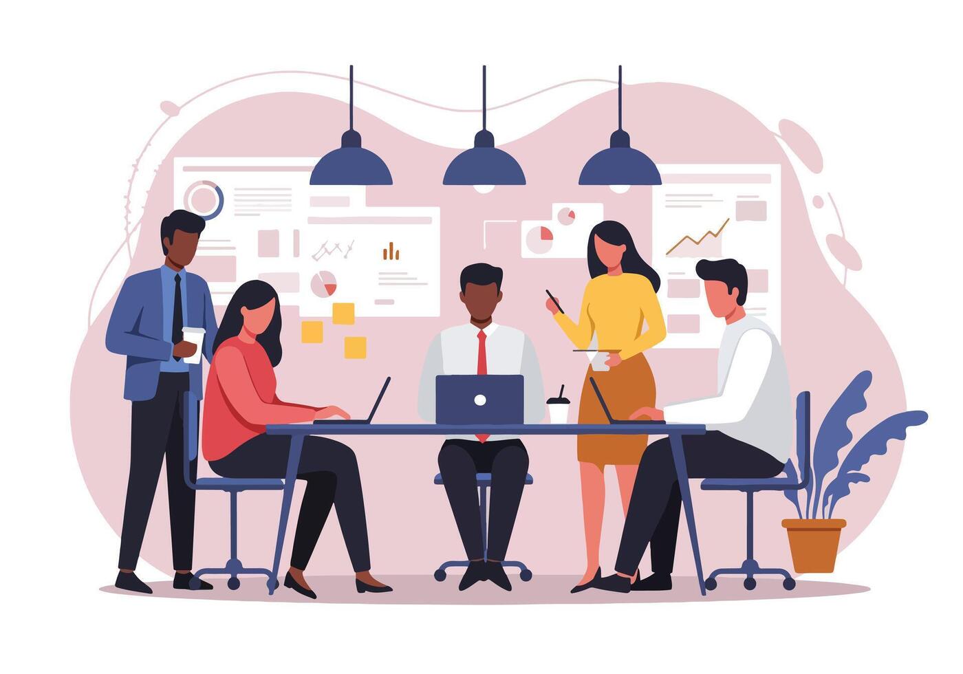 People working at a table with a laptop vector