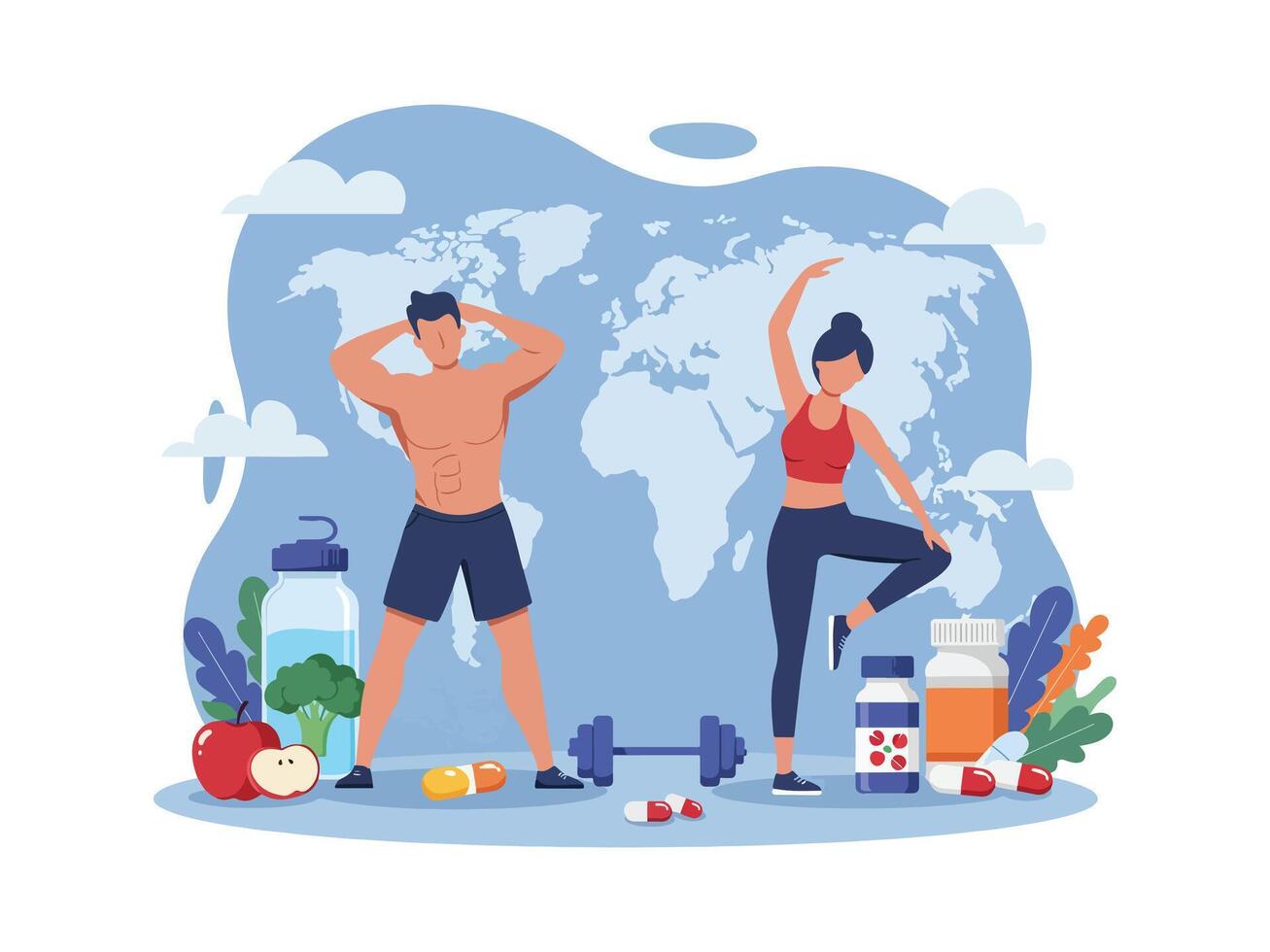 A man and woman are doing exercises with food and other items vector