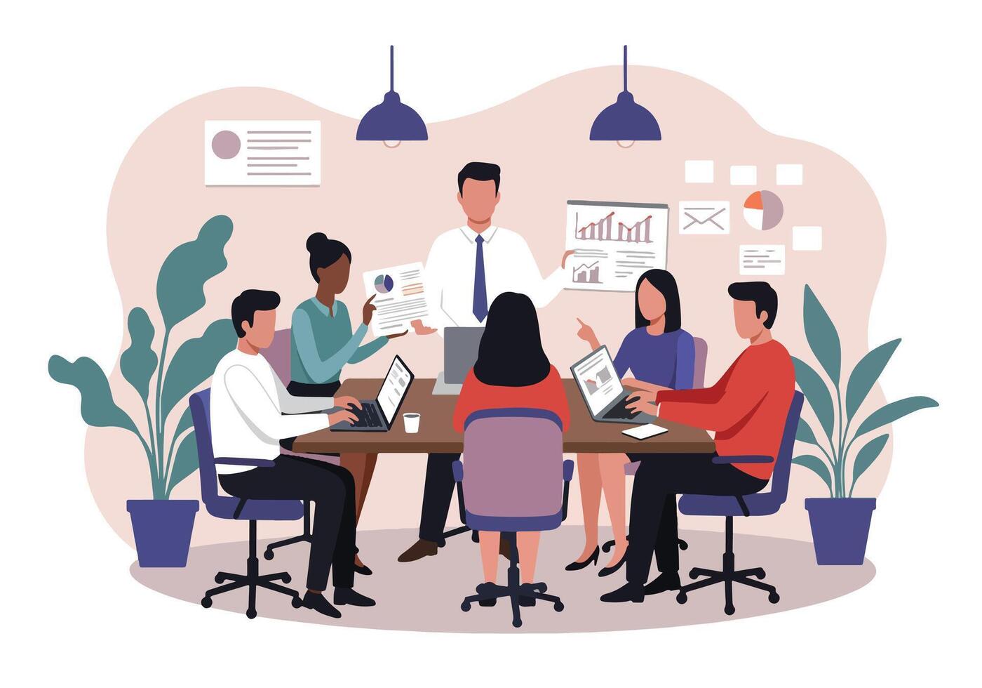 Business people in a meeting room with a chart on the wall vector