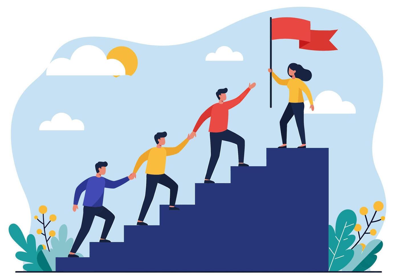 People climbing up the stairs to reach the top of the mountain vector