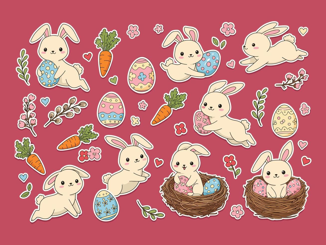 Easter bunny stickers set on a pink background vector