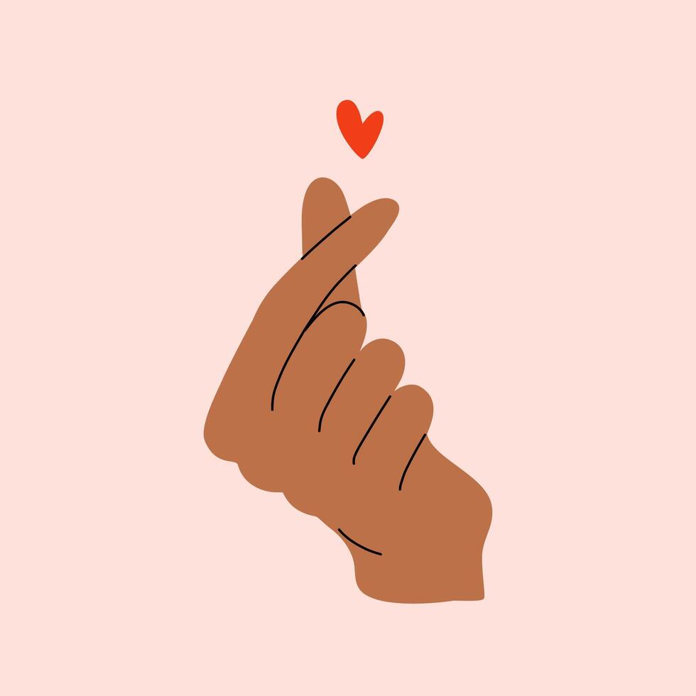 Finger gesture of heart symbol. Right human hand with crossed fingers and mini heart sign. Support and kindness concept. Romantic print. hand drawn flat design illustration. vector