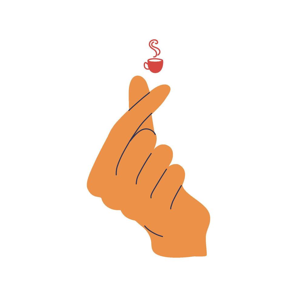 Korean finger gesture of love with cup of coffee for coffee lovers. Hand and hot drink. Concept for coffee shop or cafe decoration. Hand drawn flat design illustration. vector