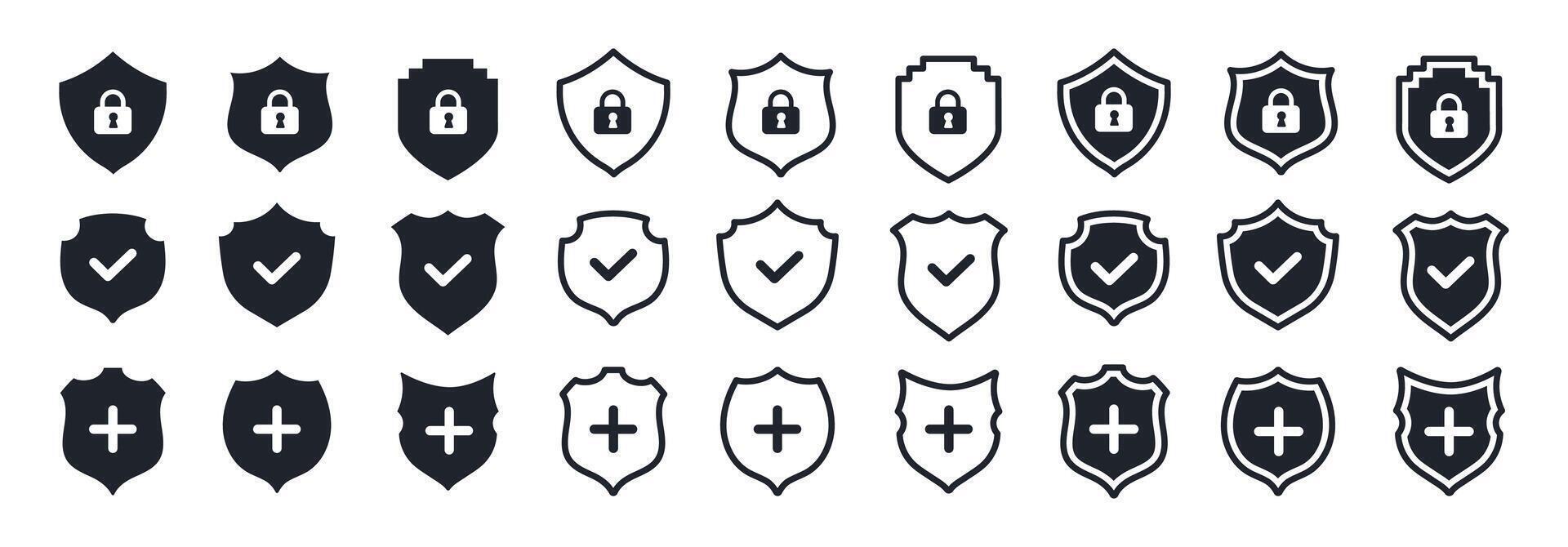 Security Shield icon. Lock security icon, Set of security shield icons, securityshields symbols with check mark, plus and padlock, Shield security icon, Safety, protection line sign. Heraldic set. vector