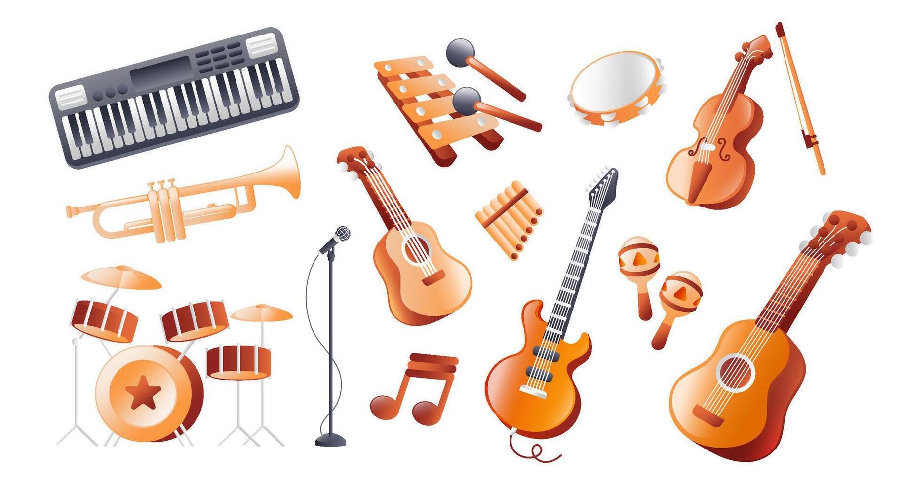 Musical instruments, symphony orchestra. Guitar, Trumpet, Synthesizer, Drum, maracas, saxophone, violin, Microphone, Ukulele, Electric Guitar, Flute, Xylophone and other. Realistic 3D isometric vector