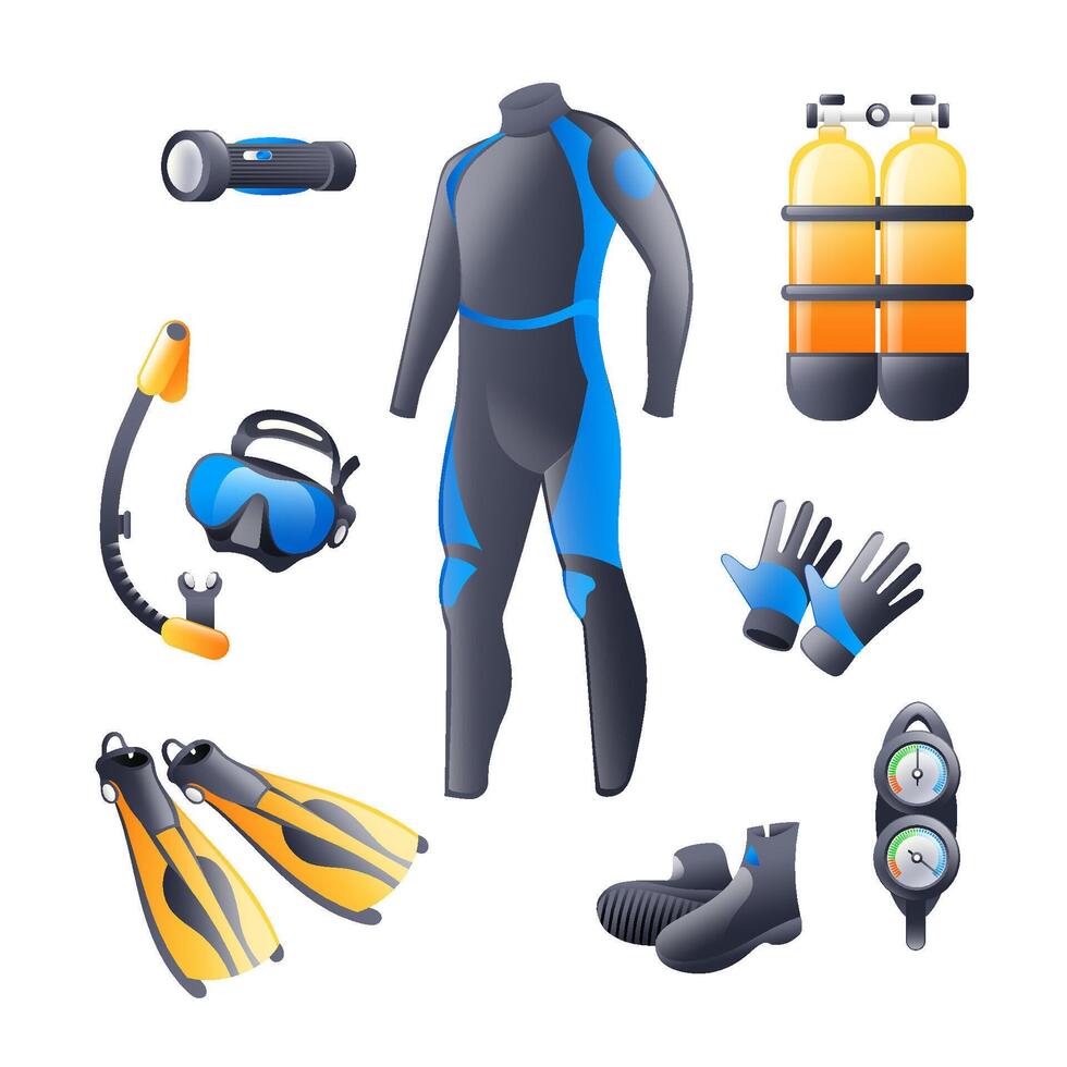 Diving equipment kit. Man's Scuba Snorkeling gear and accessories. IDiver wetsuit, scuba mask, snorkel, fins, regulator dive icons. Underwater activity sport. Realistic 3D isometric style. vector