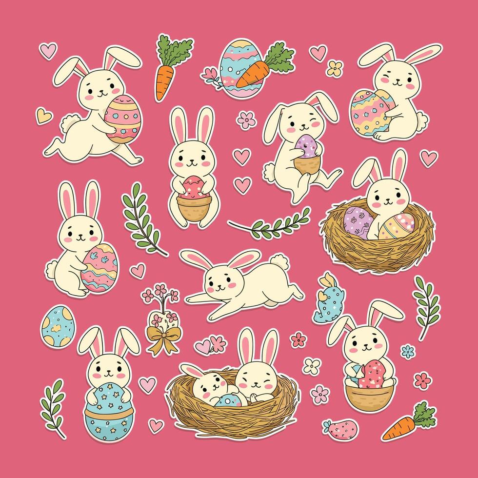 Easter bunny stickers set on pink background vector