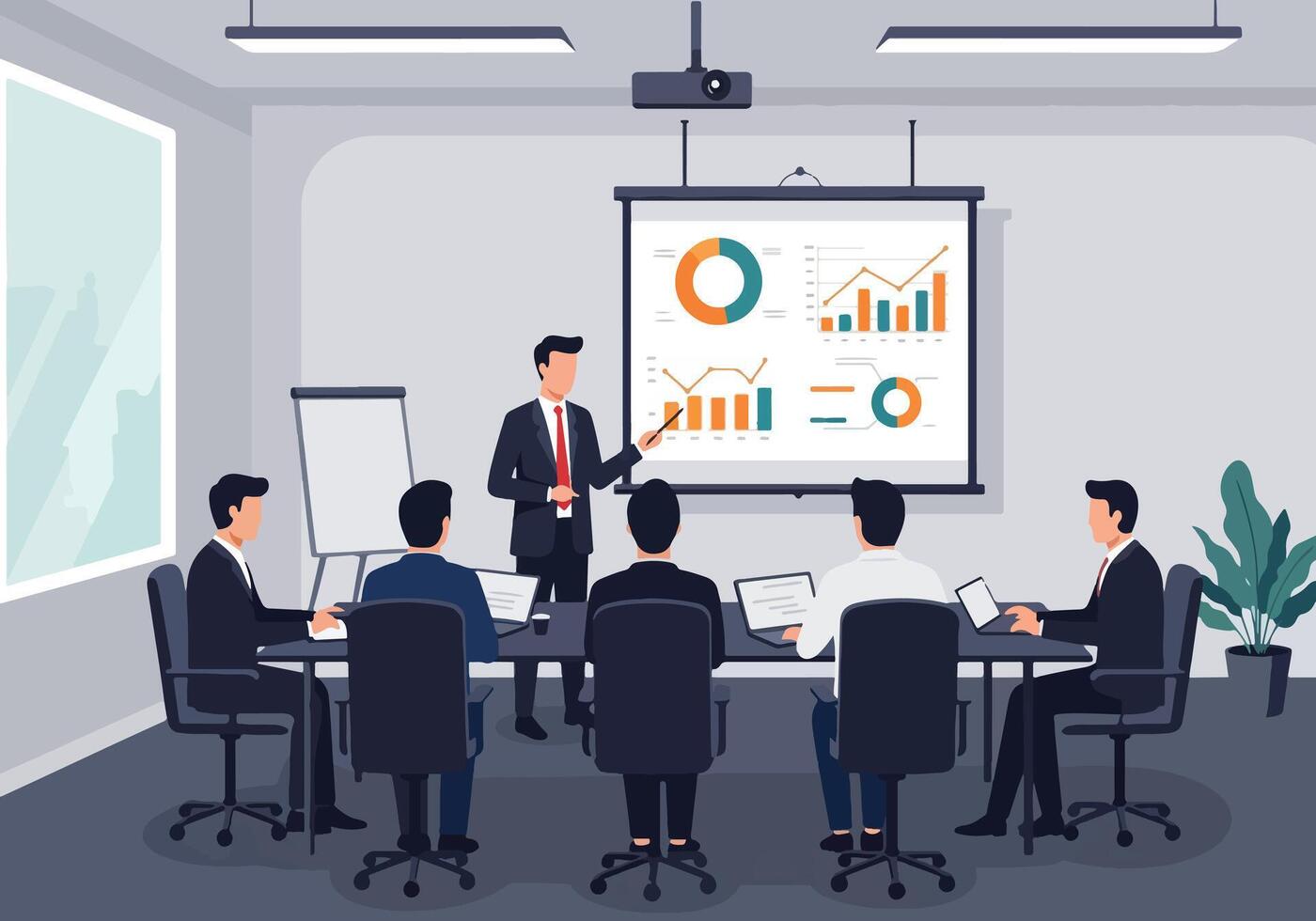 Business people in meeting room with projector screen vector
