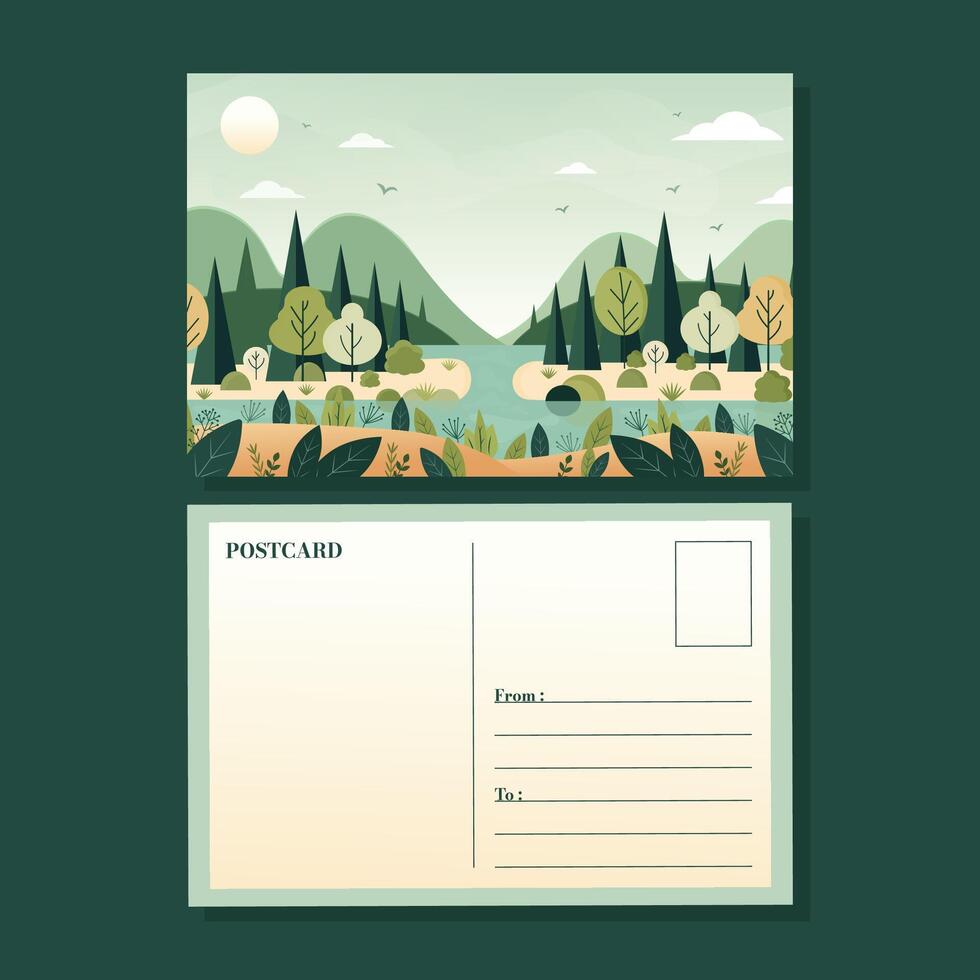postcard with minimalistic landscape scene flat illustration. vector