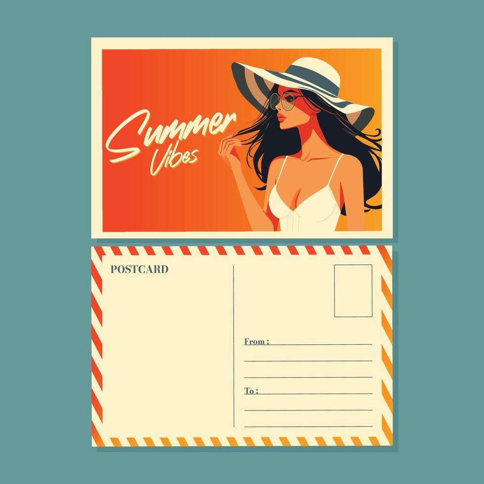 summer postcard with brunette girl in white top and hat flat illustration. vector