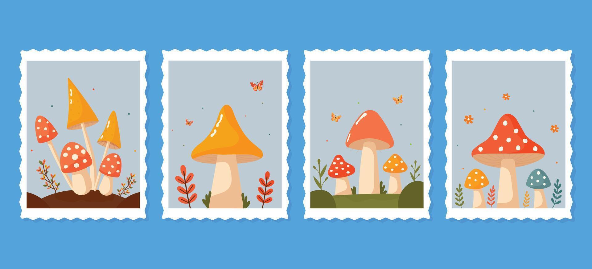 set of postal stamps with different mushrooms flat illustration. vector