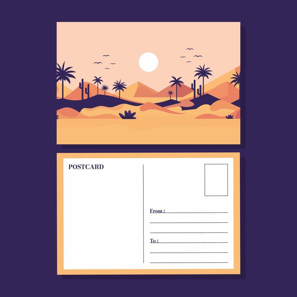 postcard with desert landscape in flat illustration style. vector