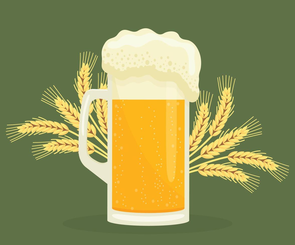 glass of beer with wheat sprouts flat illustration. vector