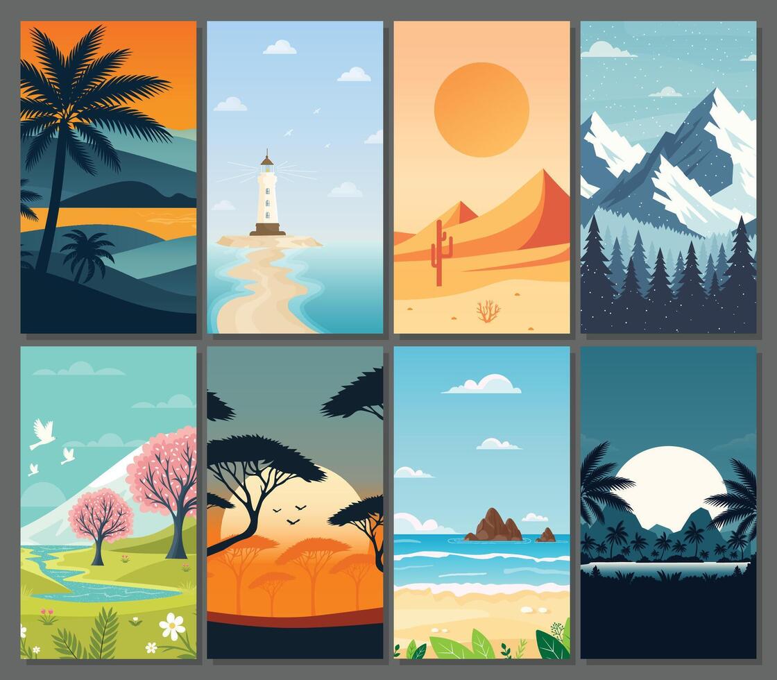 collection of various nature landscapes in flat illustration style. vector