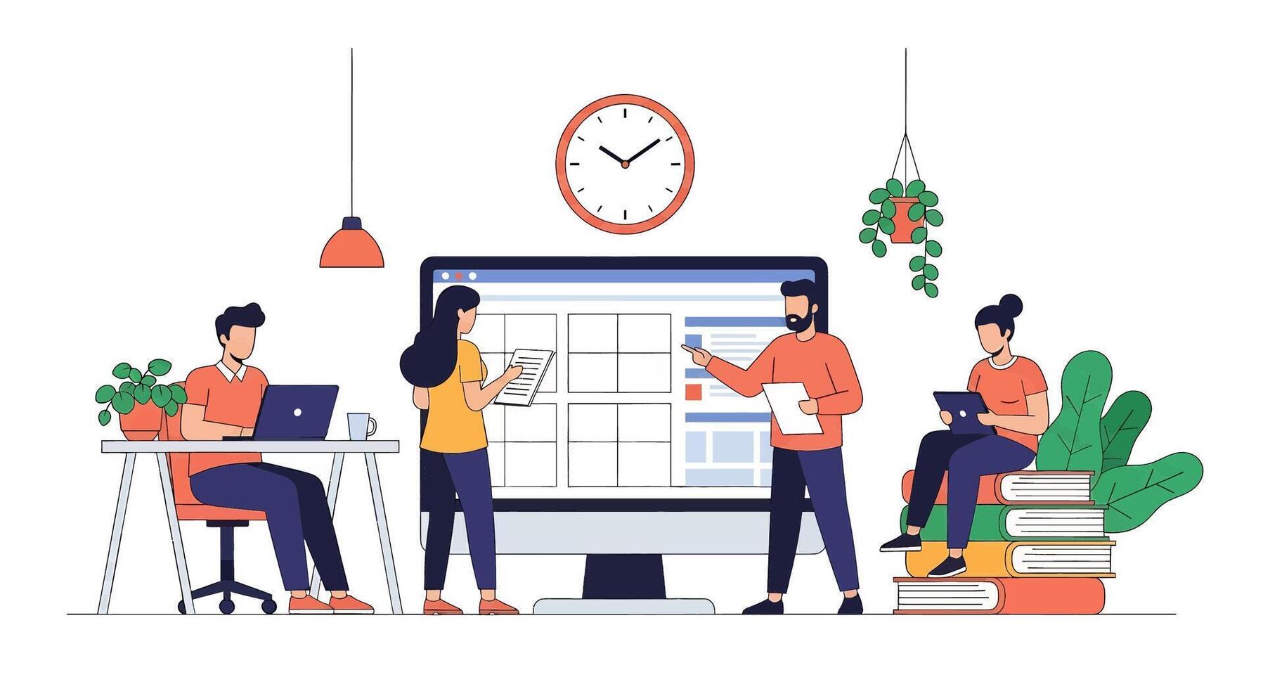People working on a computer with a clock on it vector