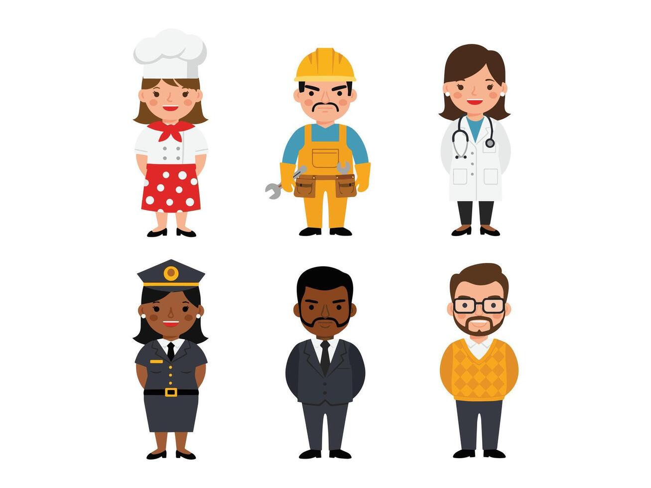 People in different professions, including a doctor, a nurse, a construction worker and a police officer vector