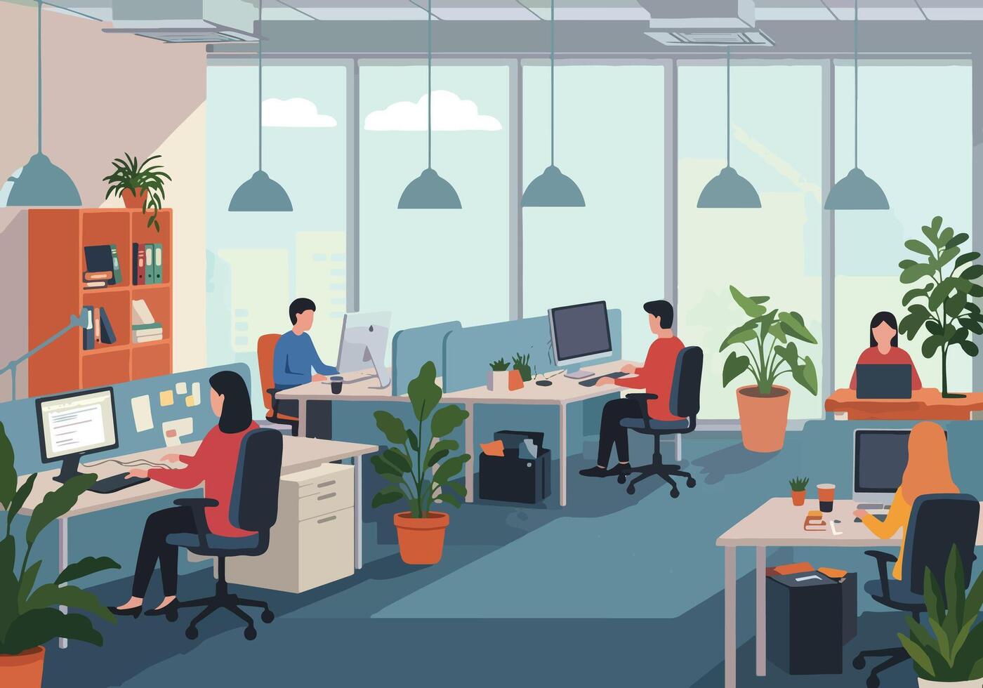 An office with people working on computers vector