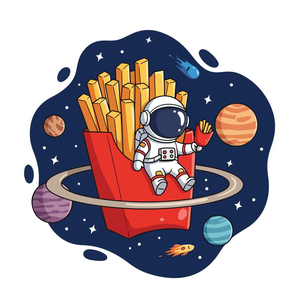 An astronaut eating french fries in space vector