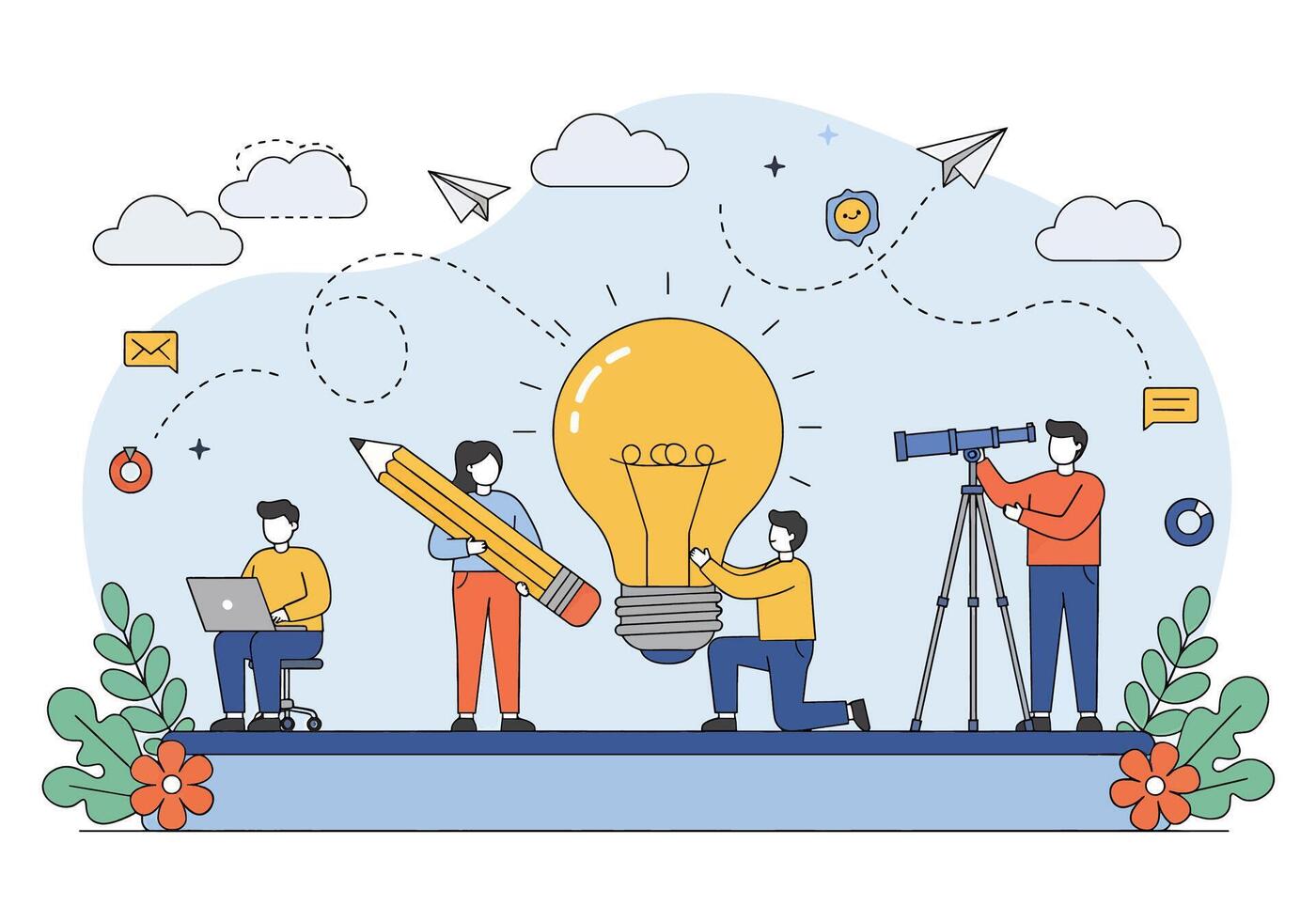 People are working on an idea with a light bulb vector