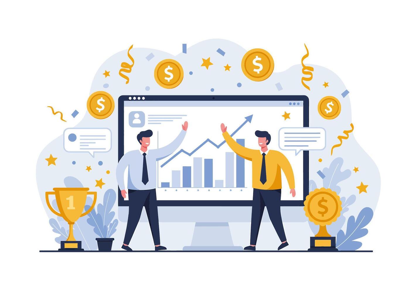 Two businessmen are standing next to a computer screen with a chart on it vector