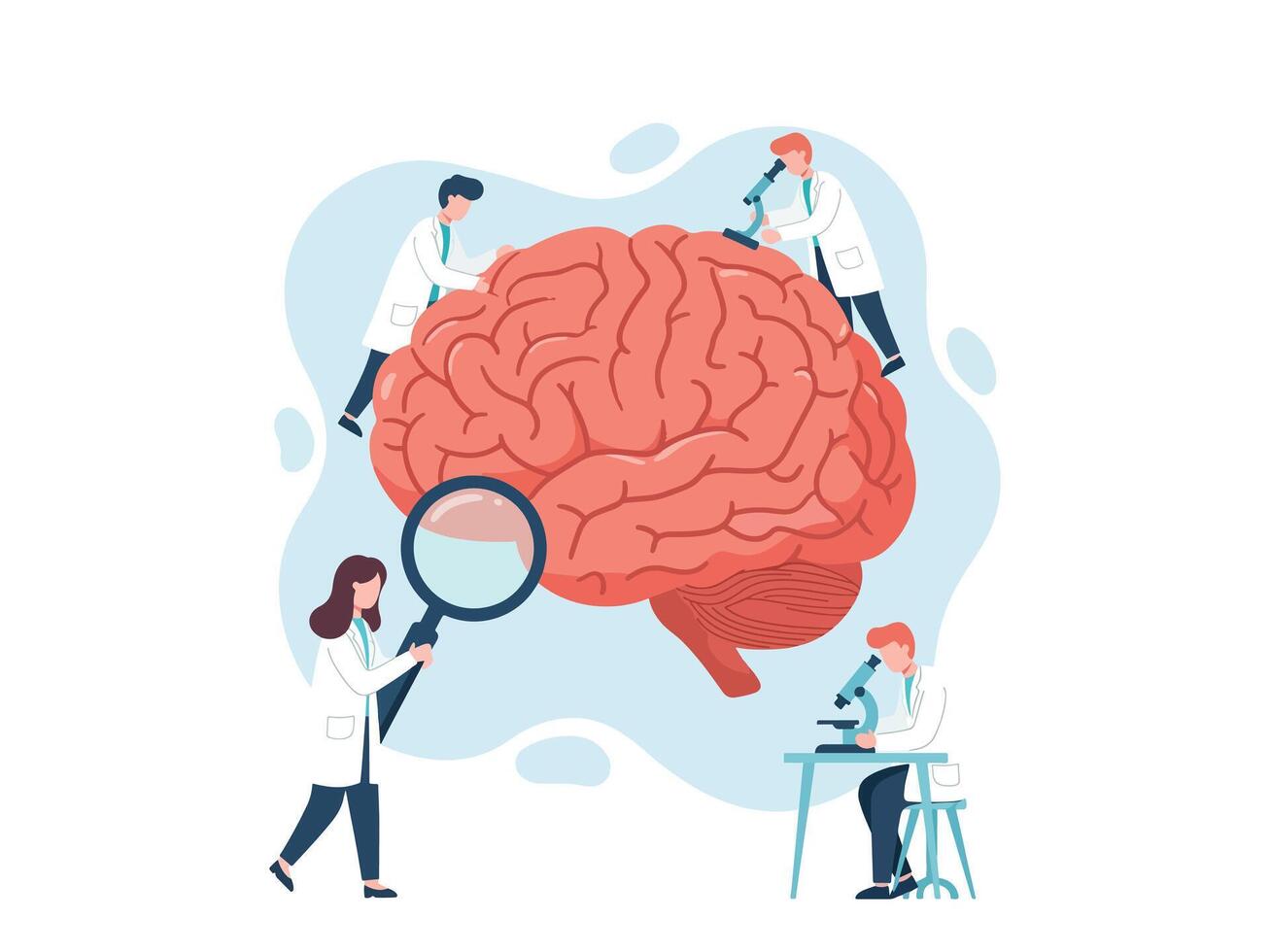 Scientists looking at a brain with magnifying glass vector