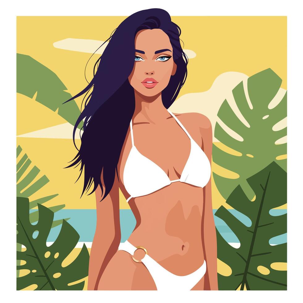 A woman in a bikini standing on the beach vector