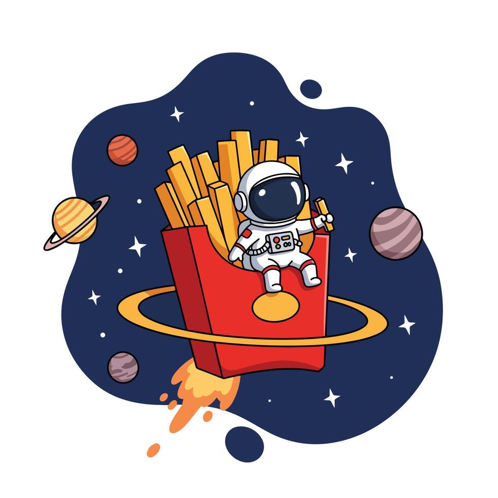 An astronaut is sitting on top of fries in a box vector