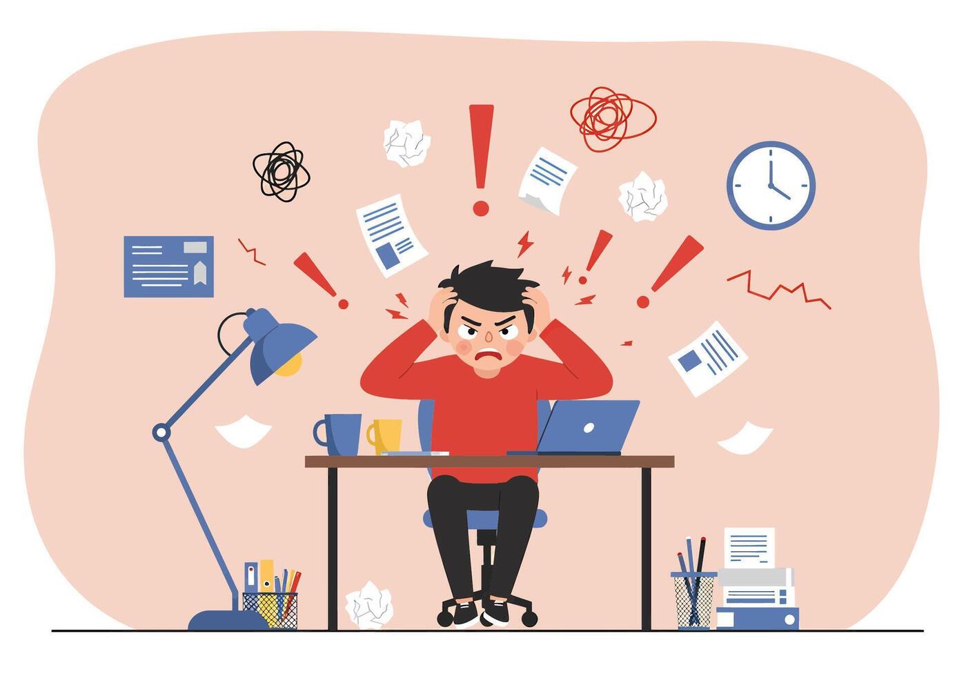 A man is sitting at his desk with a laptop and a lot of papers around him vector