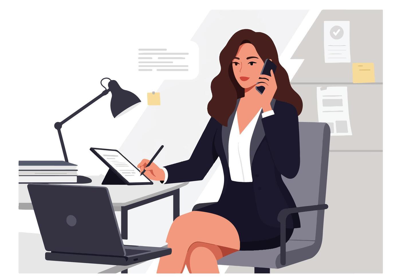 Businesswoman working at desk with laptop and phone vector