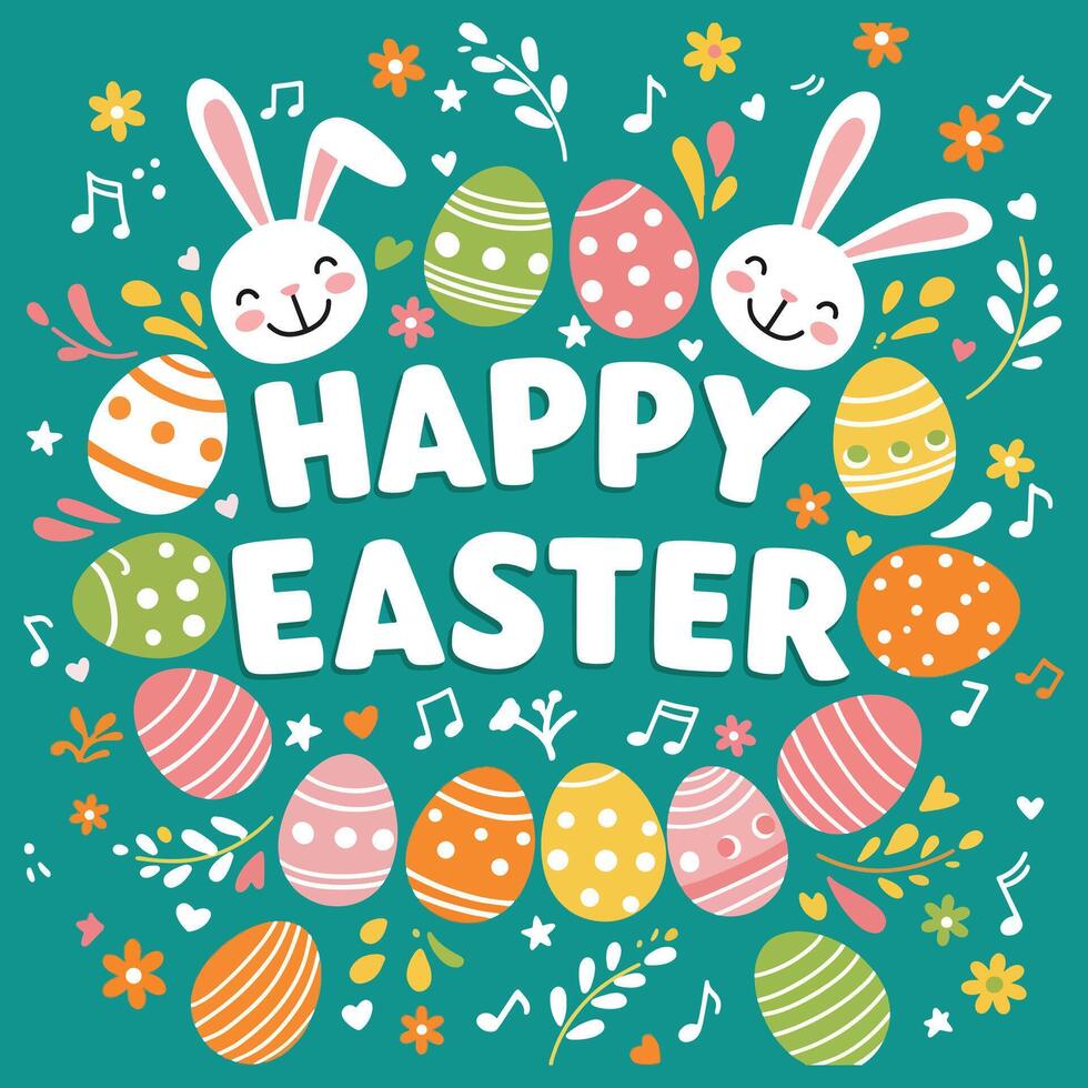 Happy easter card with colorful eggs and bunnies illustration vector