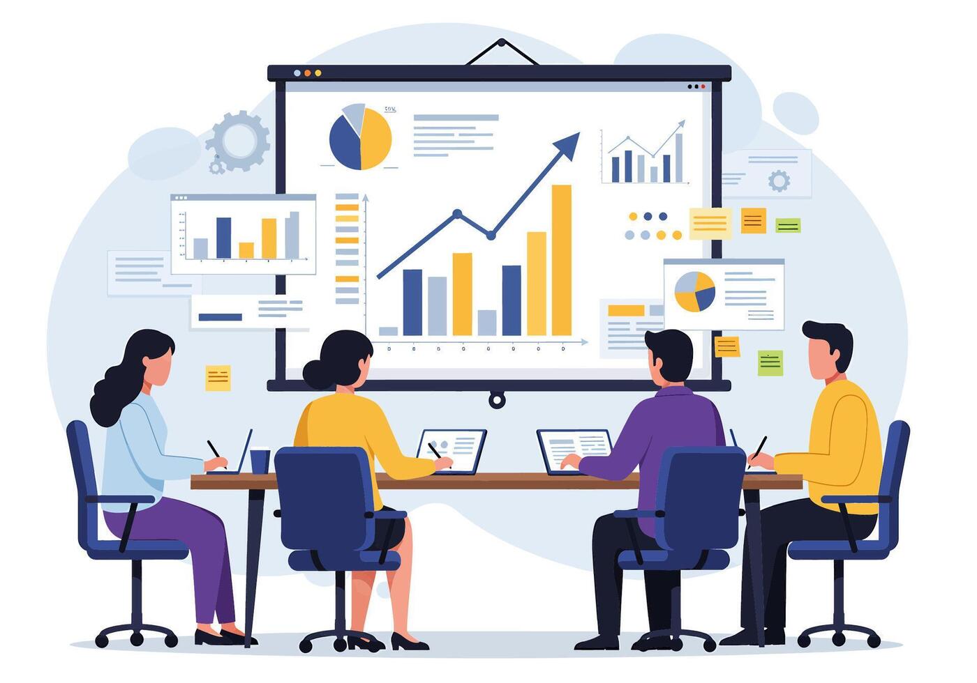 People sitting at a table with a presentation on the screen vector