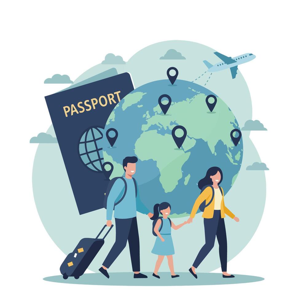 Family travel around the world with passport, plane and map illustration vector