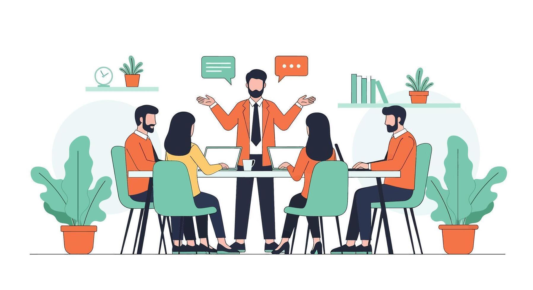 Business people in meeting room with speech bubbles vector