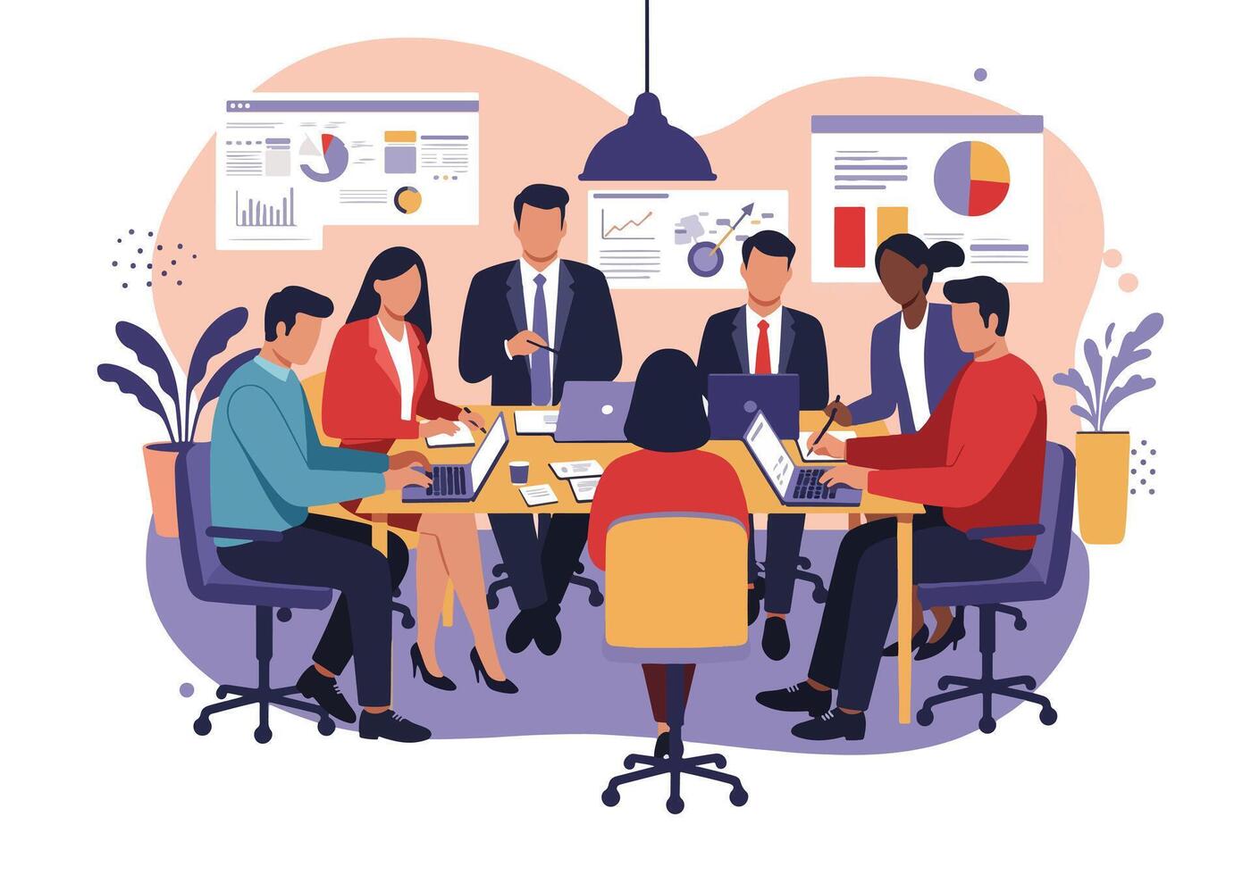 Group Business people in meeting room with laptop and papers vector