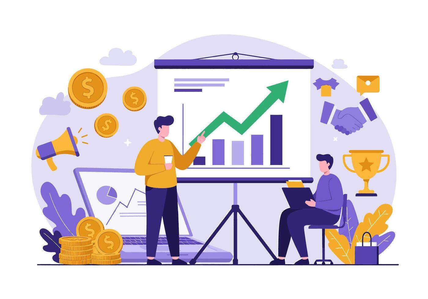 Business people are standing around a presentation screen with a chart on it vector