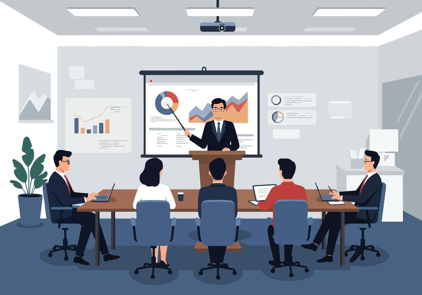 Business people in meeting room with projector screen and presentation vector