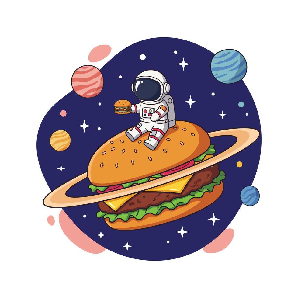 An astronaut is sitting on a burger and eating it vector