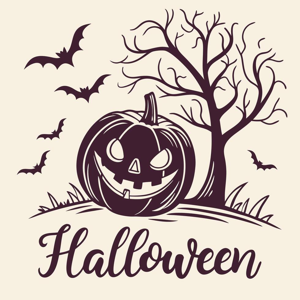 Carved Halloween Pumpkin with Bats and Scripted Text vector