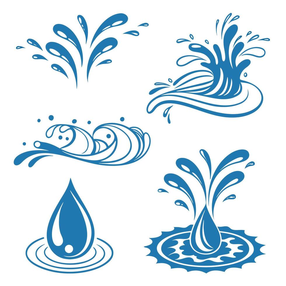 Stylized Water Splash and Wave Icons in Blue on White Background vector