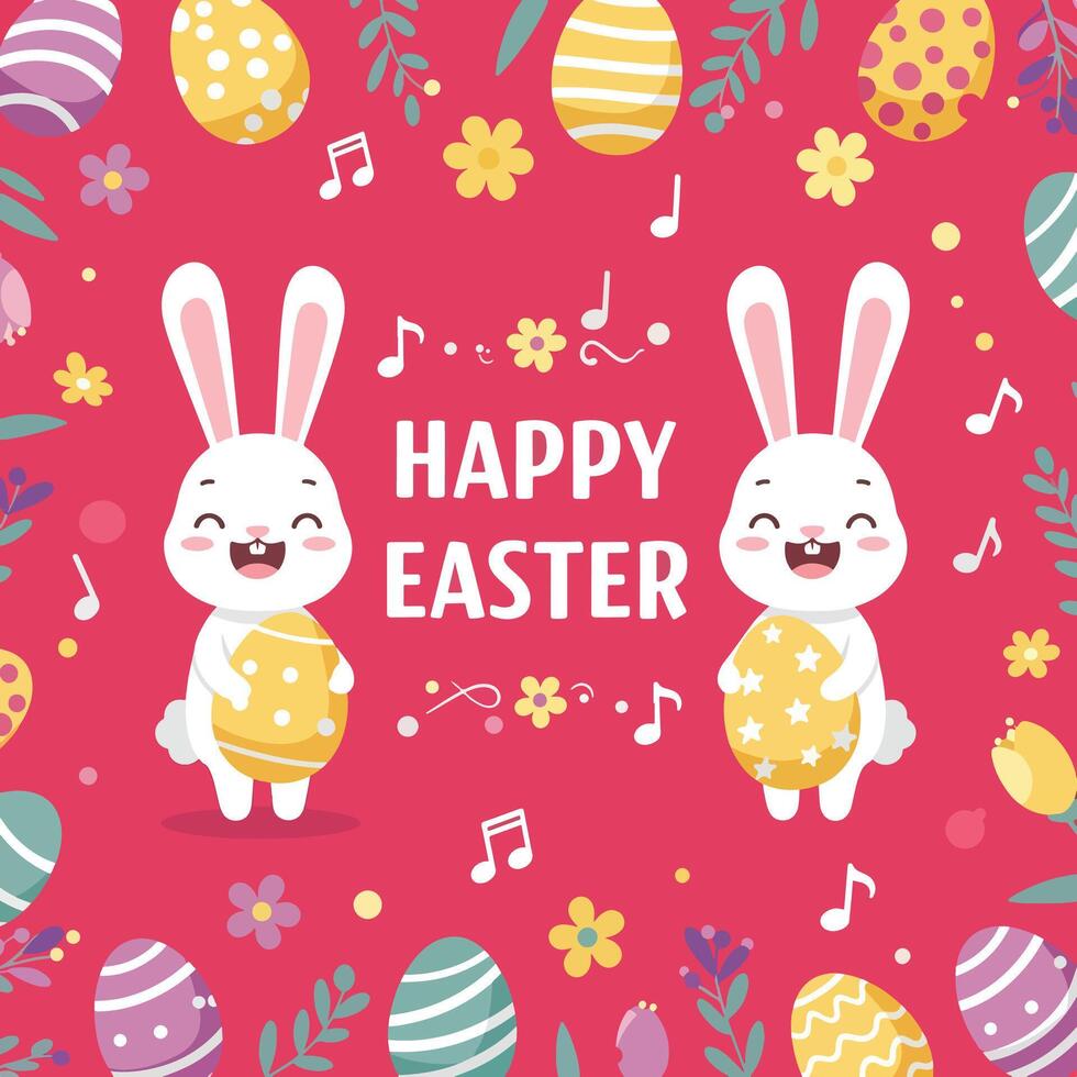 Happy easter background with cute rabbits and music notes vector