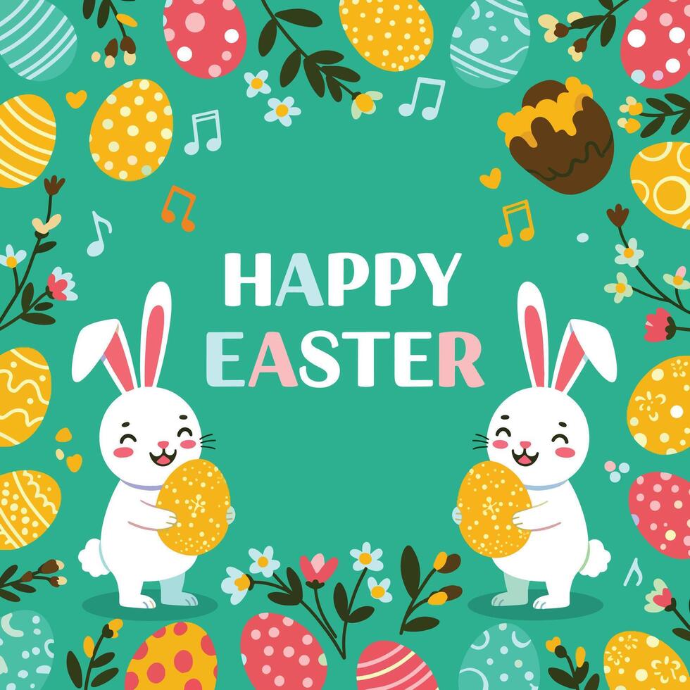 Happy easter background with cute bunnies and eggs illustration vector