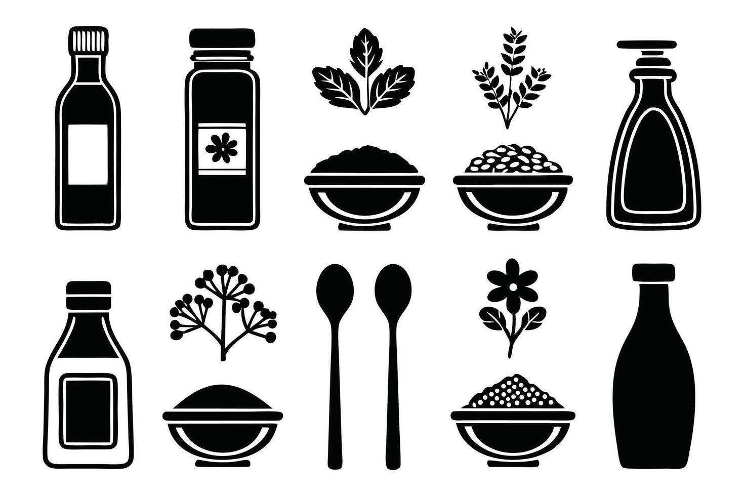 Organic Mustard Leaves and Pods Silhouette Set vector