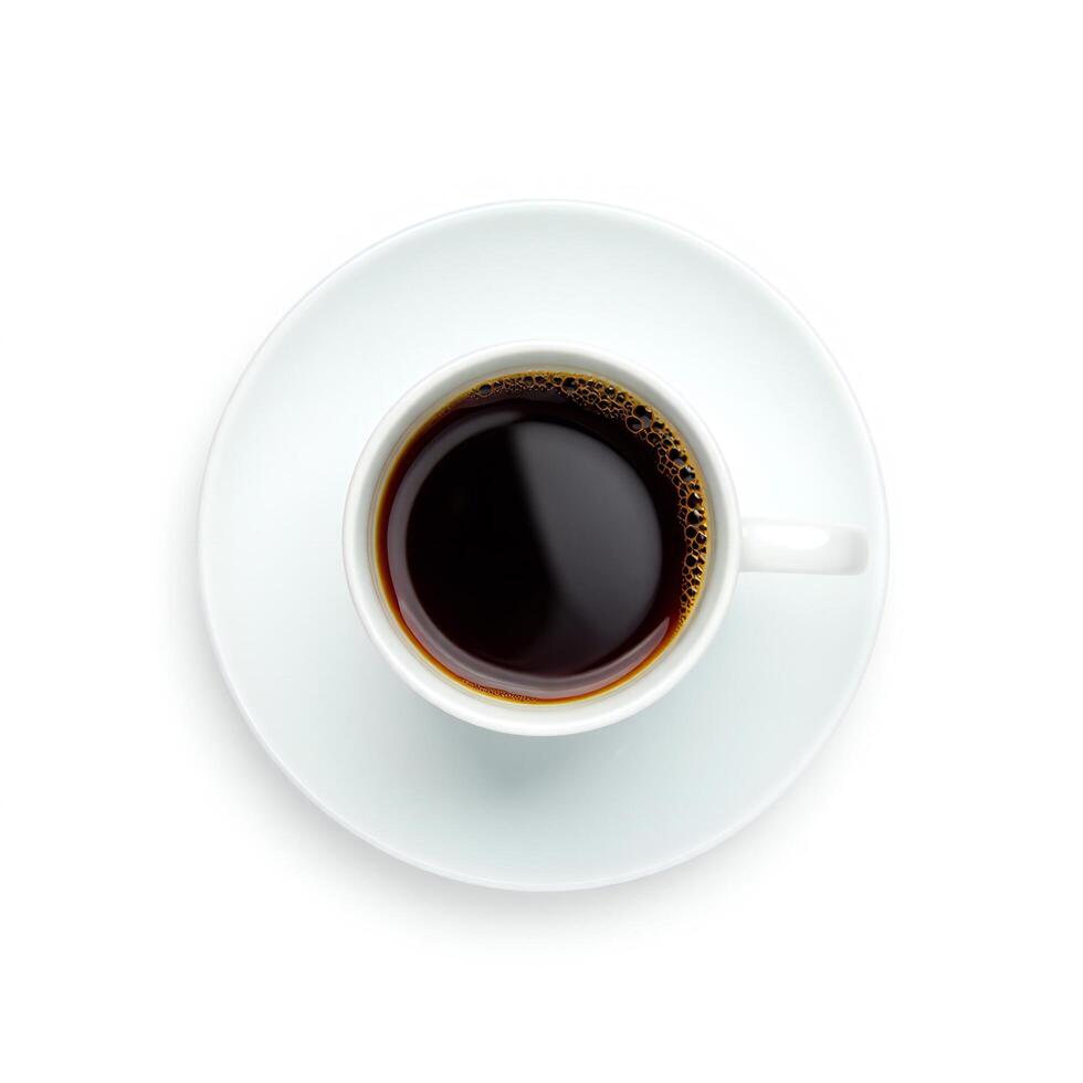 Coffee Background Overhead View of a Cup of Black Coffee on a Saucer Isolated on White Background photo