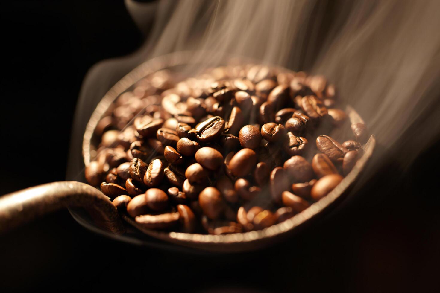 Coffee Background Aromatic Steaming Freshly Roasted Coffee Beans in Vintage Scoop photo