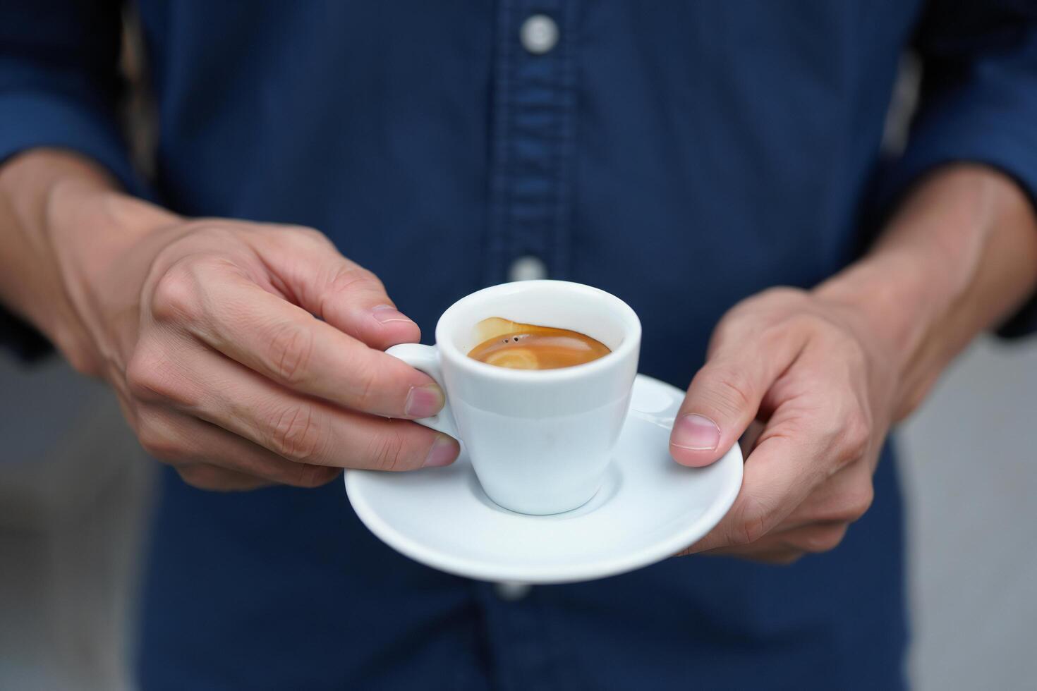 Coffee Background Man s Hands Holding Espresso Cup Coffee Drink Close Up photo
